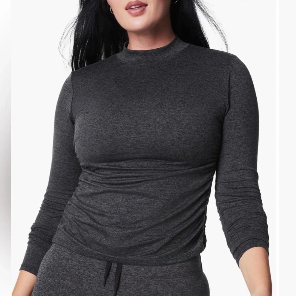 Spanx SkySoft Mock Neck Ruched Side Long Sleeve Top Black Dash Heather  Size M
